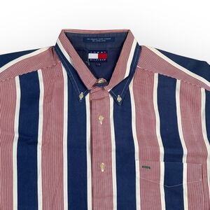 Tommy Hilfiger Mens Striped Button Down Shirt Long Sleeve Cotton Red Blue Large‎